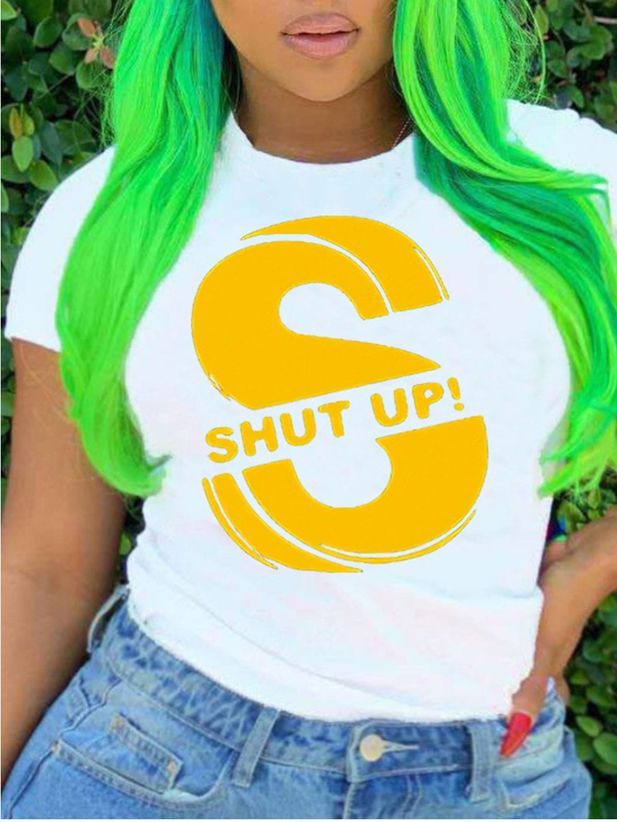 

Lovely Plus Size Casual O Neck Letter Print White T-shirt