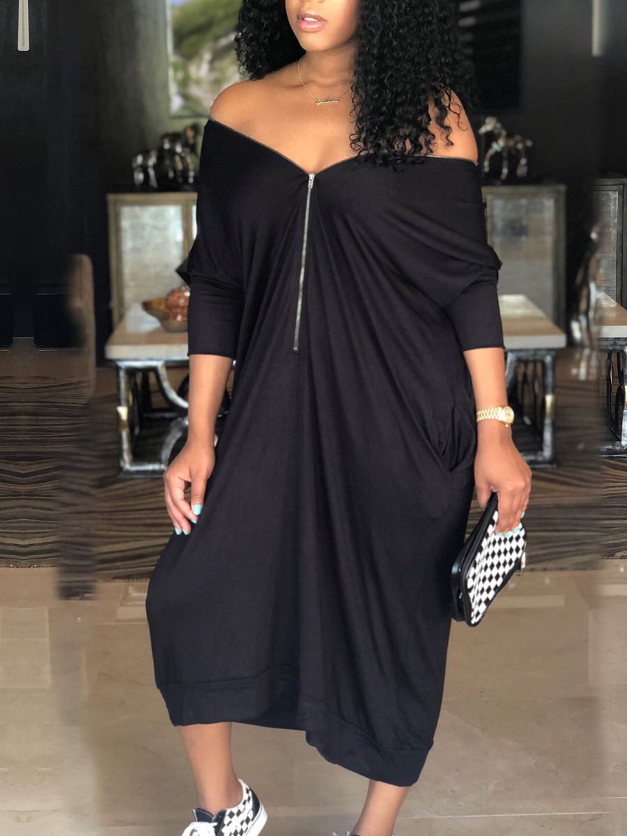 

Lovely Casual Off The Shoulder Zipper Design Black Mid Calf Dress