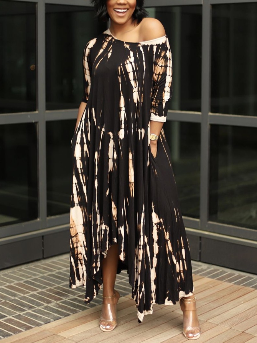 

Lovely Street O Neck Tie-dye Brown Ankle Length Asymmetrical Dress
