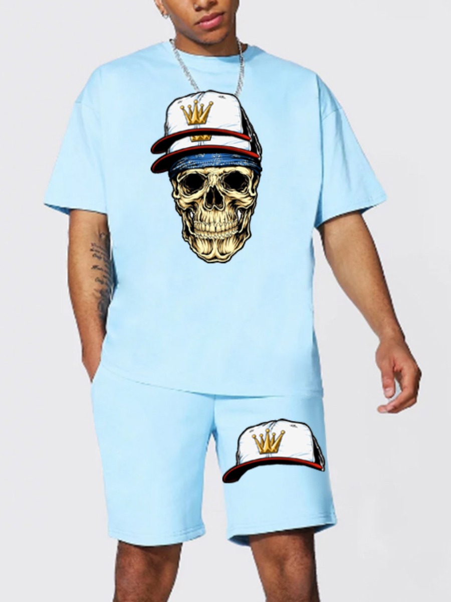 

Lovely Men Casual Skull Head Print Drawstring Canal Blue Two Piece Shorts Set