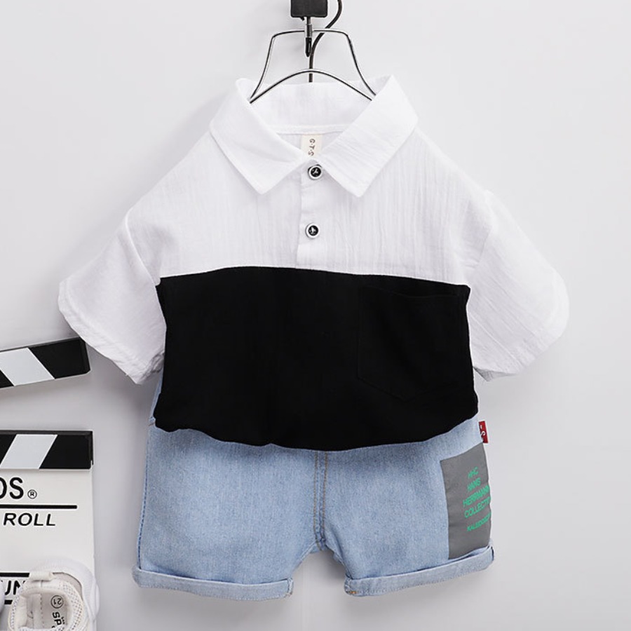 

Lovely Boy Casual Turndown Collar Color-lump Black Two Piece Shorts Set