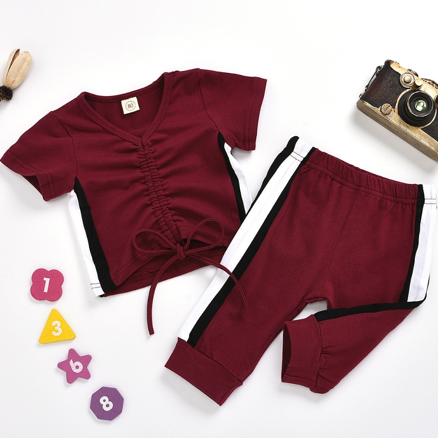 

Lovely Girl Sporty Striped Drawstring Wine Red Two Piece Pants Set