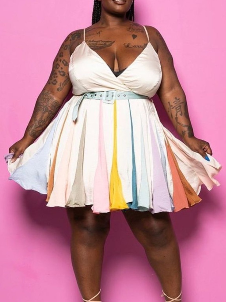 

LW Plus Size Casual Color-lump Flounce Design White Knee Length Dress(Without Belt)