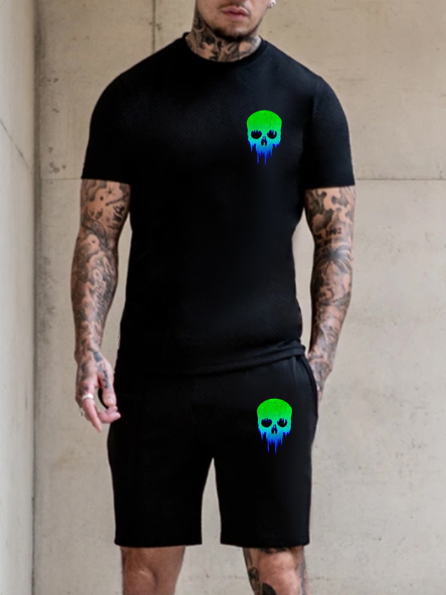 

Lovely Men Casual O Neck Skull Head Print Black Two Piece Shorts Set