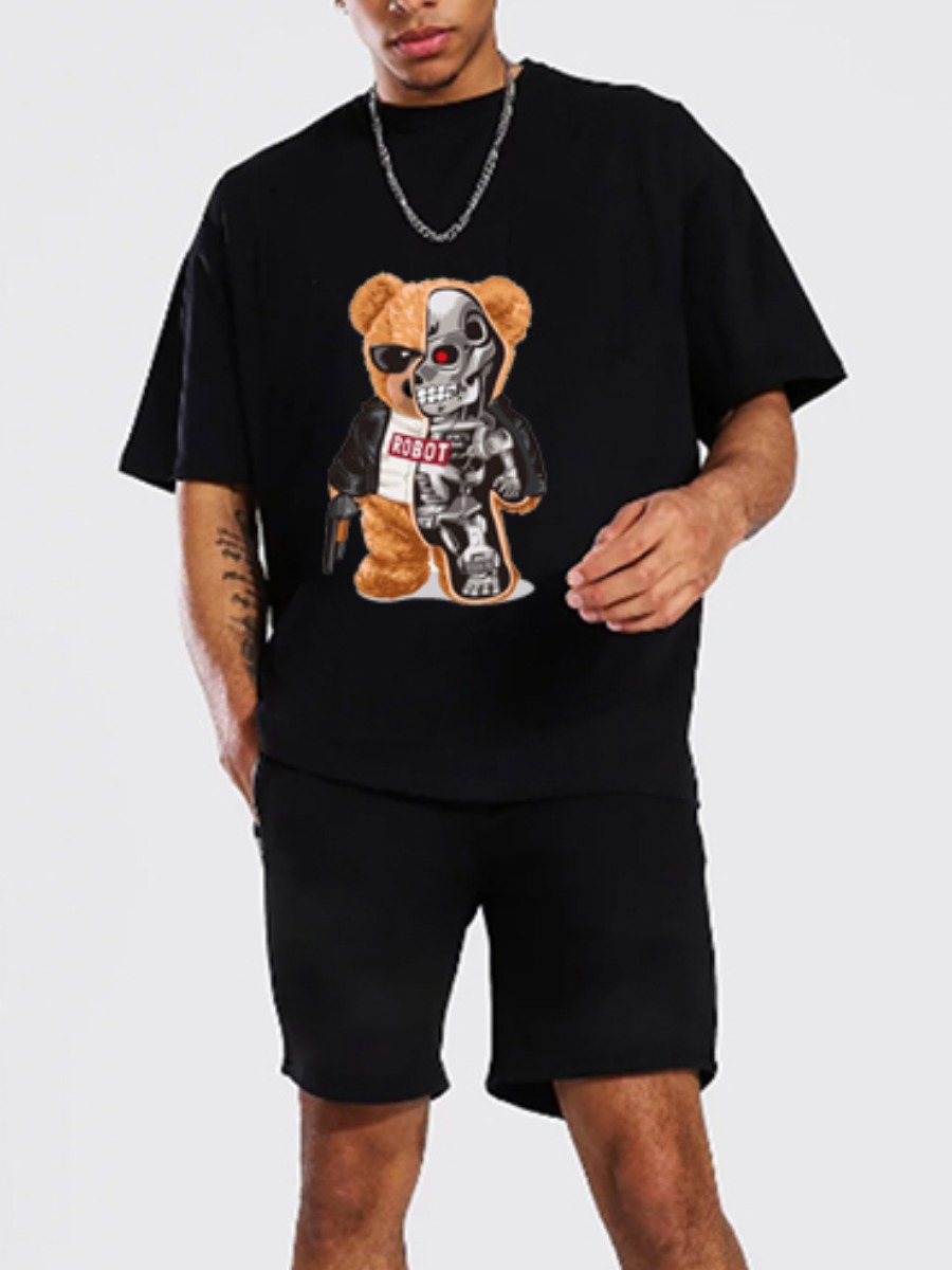 

Lovely Men Casual O Neck Cartoon Print Black Two Piece Shorts Set