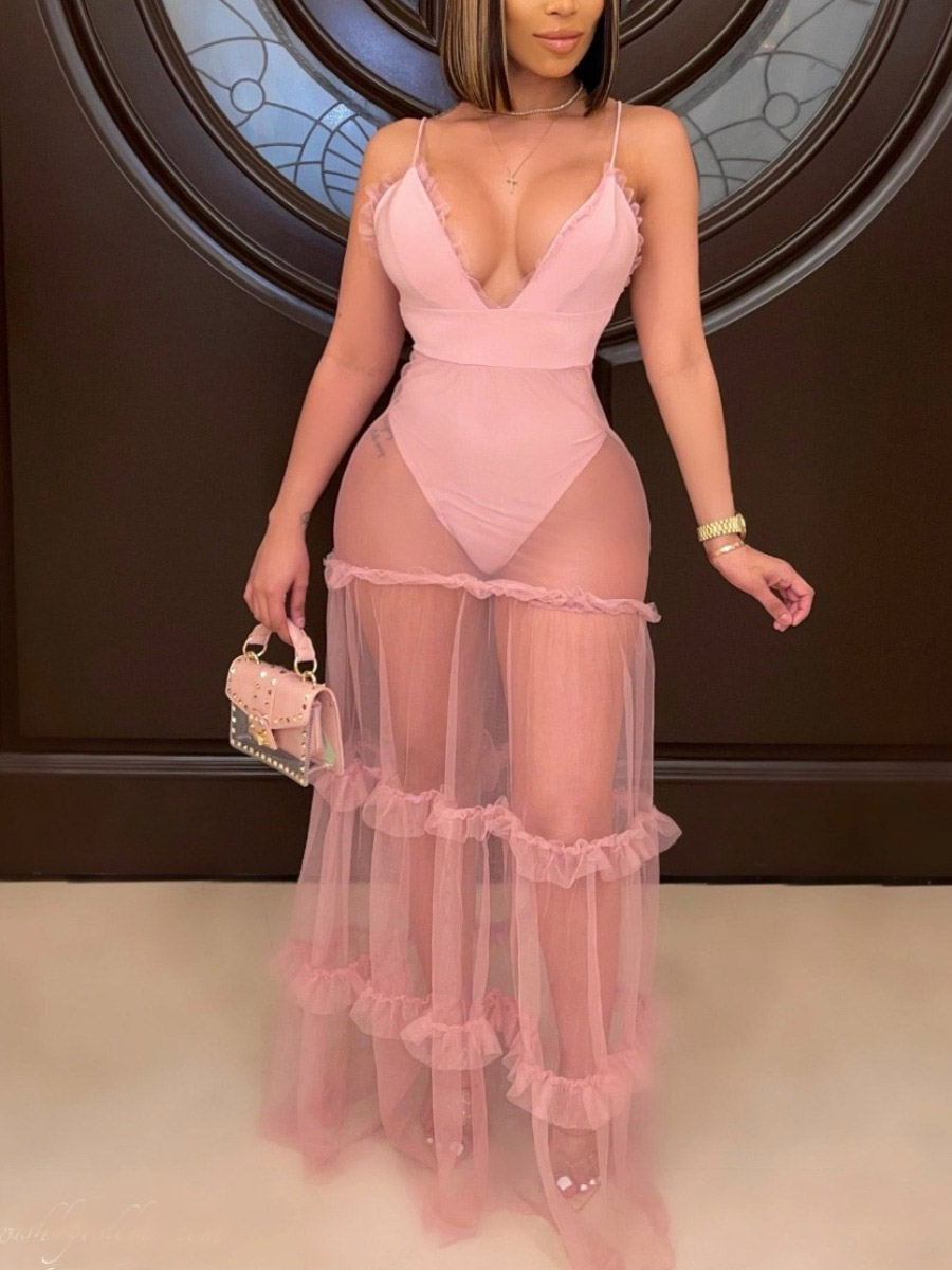 

LW SXY See-through Flounce Design Pink Ankle Length Dress