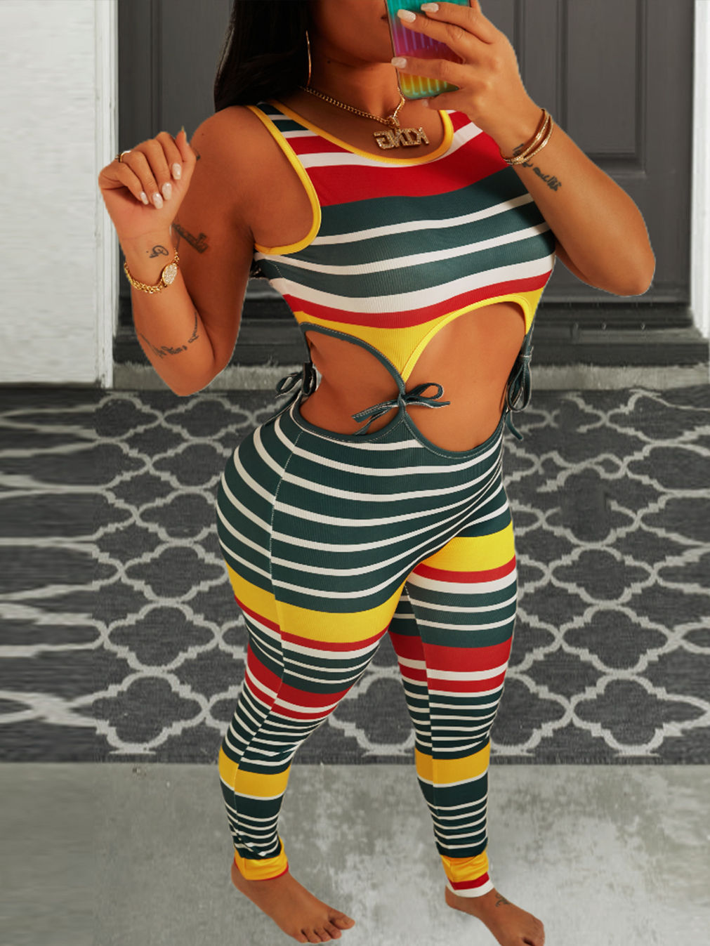 

Lovely Street Striped Bandage Hollow-out Design Multicolor Two Piece Pants Set, Multi