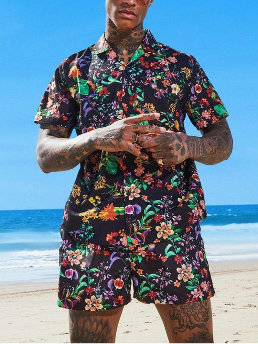 

LW Men Boho Turndown Collar Floral Print Black Two Piece Shorts Set