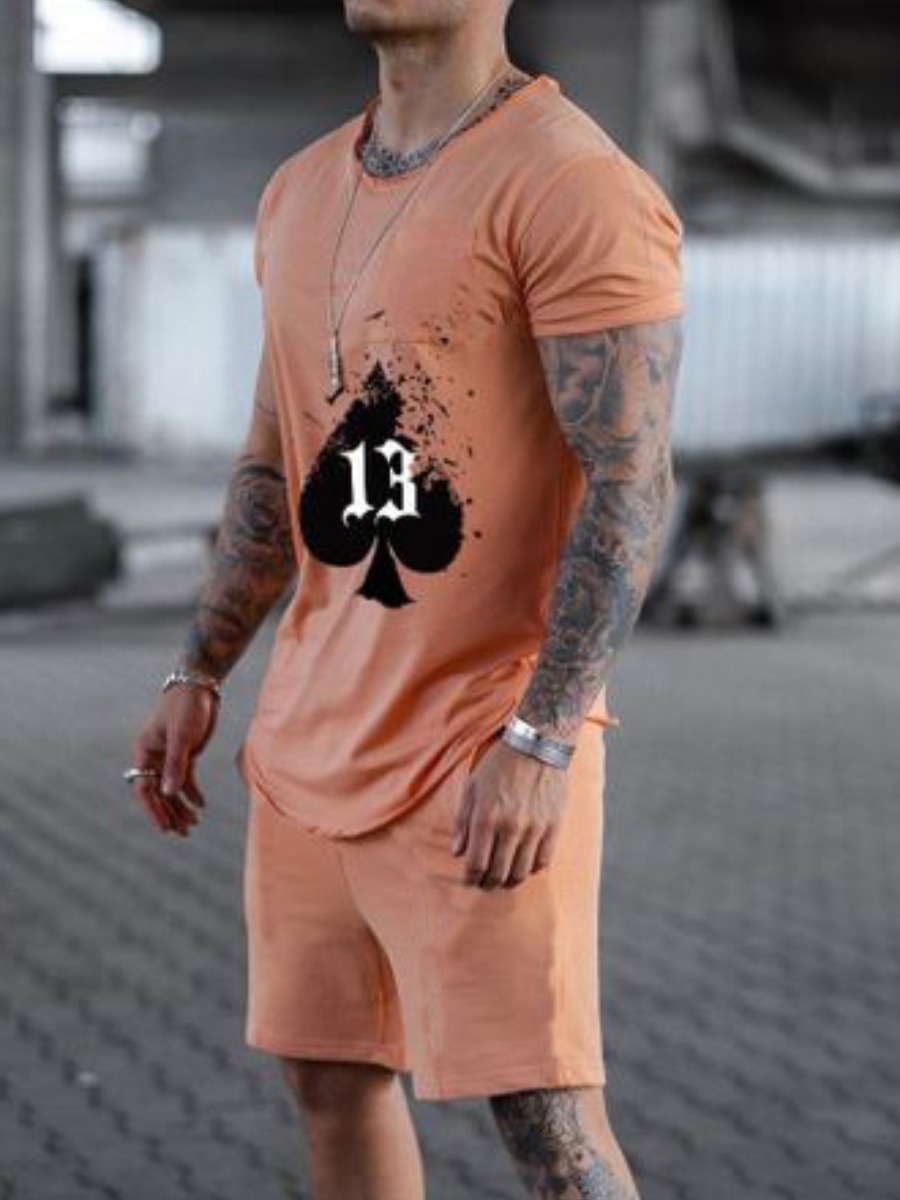 LW Men Casual Heart-shaped Print Drawstring Pink Two Piece Shorts Set
