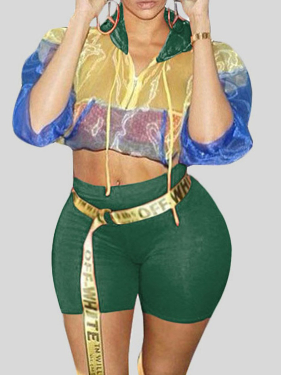 

Lovely Plus Size Sporty Hooded Collar See-through Green Two-piece Shorts Set