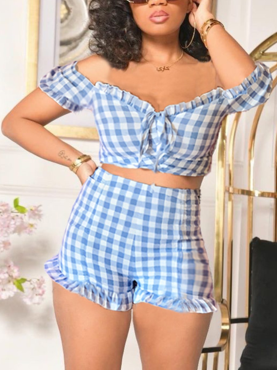 

Lovely Sweet Off The Shoulder Plaid Print Blue Two Piece Shorts Set
