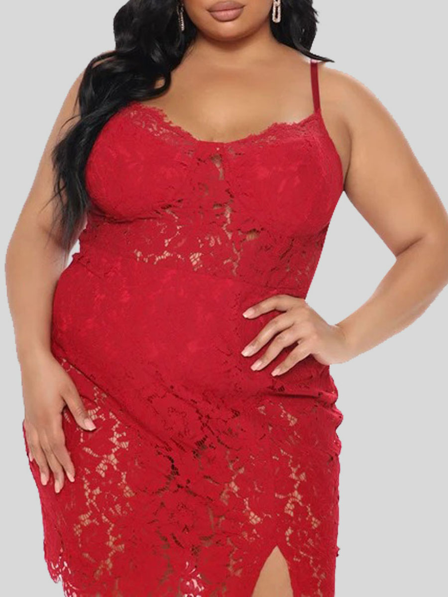 

Lovely Plus Size Sexy Mesh Patchwork Red Knee Length Dress