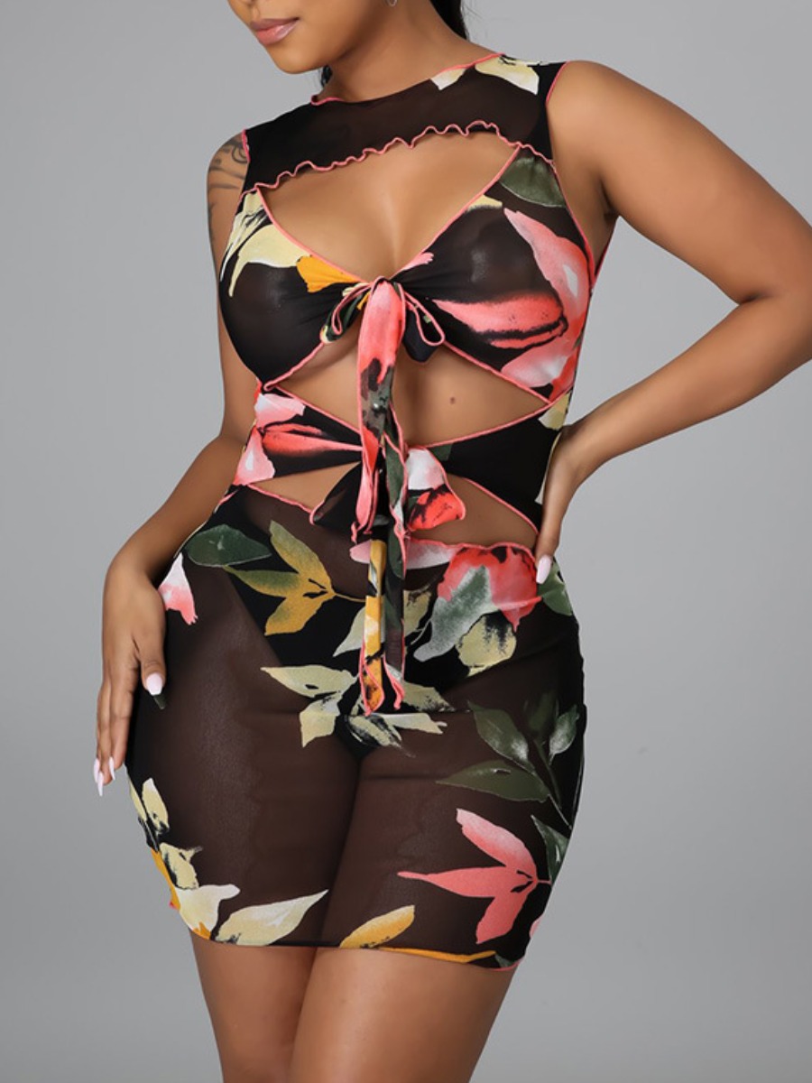 

Lovely Street Floral Print Bandage Hollow-out Design Black Mini Dress