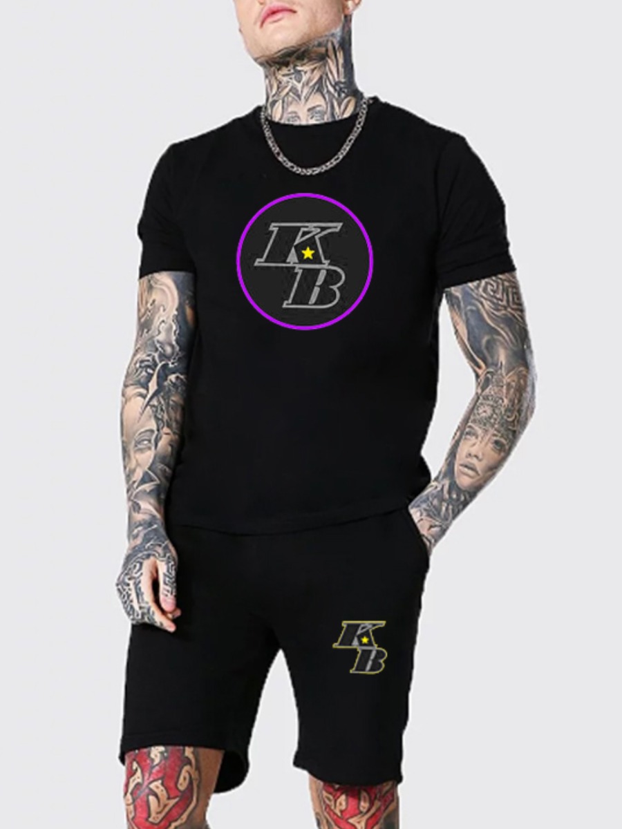 

Lovely Men Casual O Neck Letter Print Black Two Piece Shorts Set