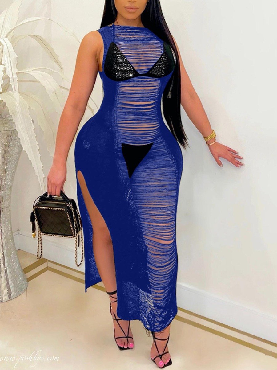 

Lovely Plus Size Sexy See-through Split Blue Ankle Length Dress