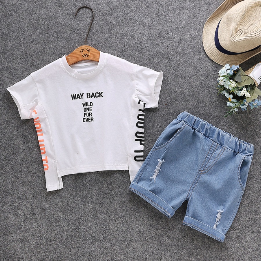 

Lovely Boy Street Letter Print Ripped White Two Piece Shorts Set