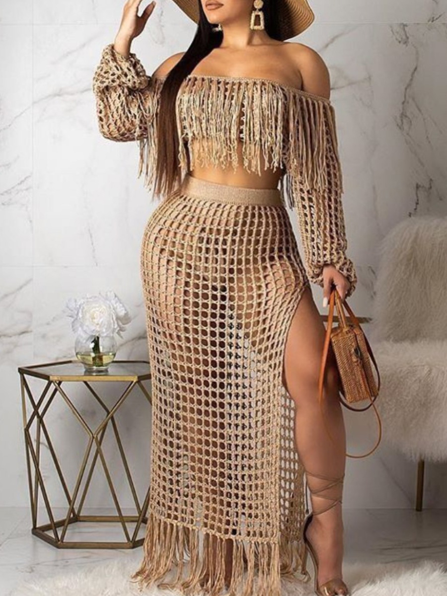 

Lovely Plus Size Boho Hollow-out Tassel Design Khaki Cover-up
