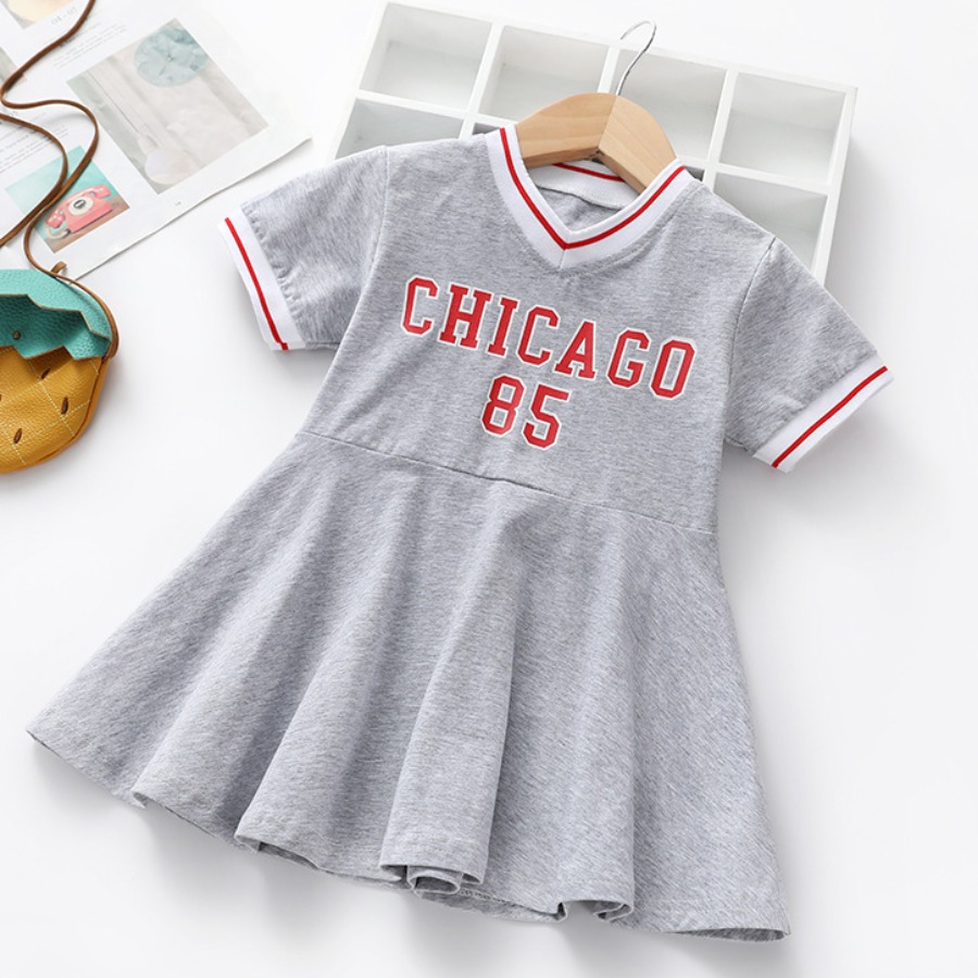 

Lovely Girl Sporty Letter Print Flounce Design Grey Knee Length Dress