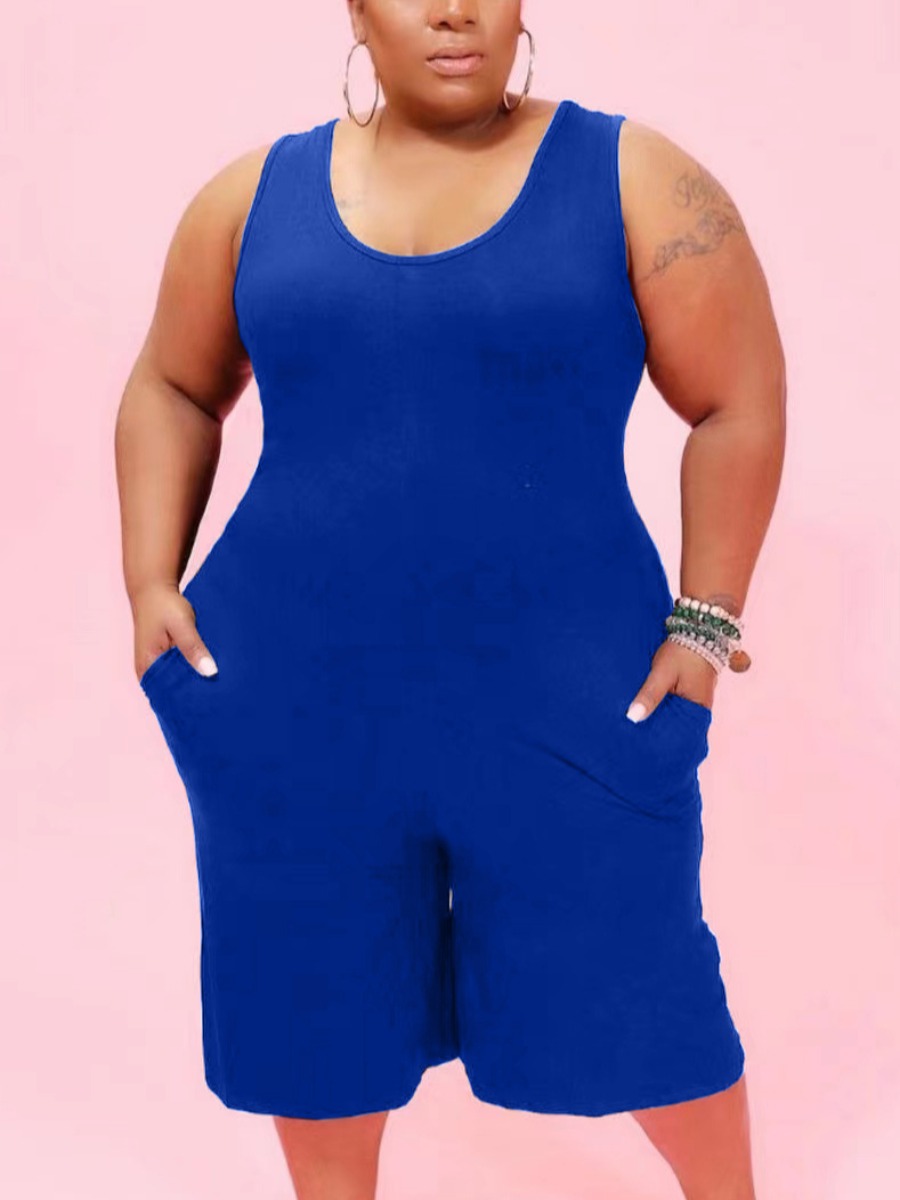 

Lovely Plus Size Casual U Neck Pocket Design Blue One-piece Romper