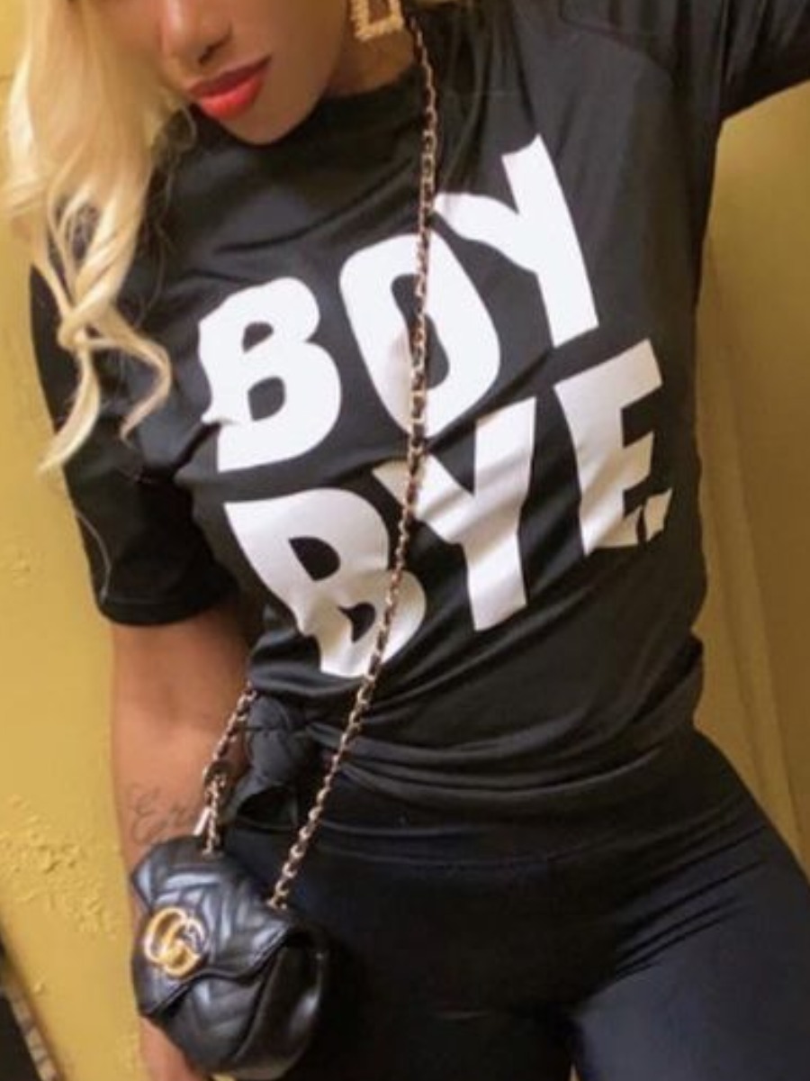 Lovely Street O Neck Letter Print Black T-shirt