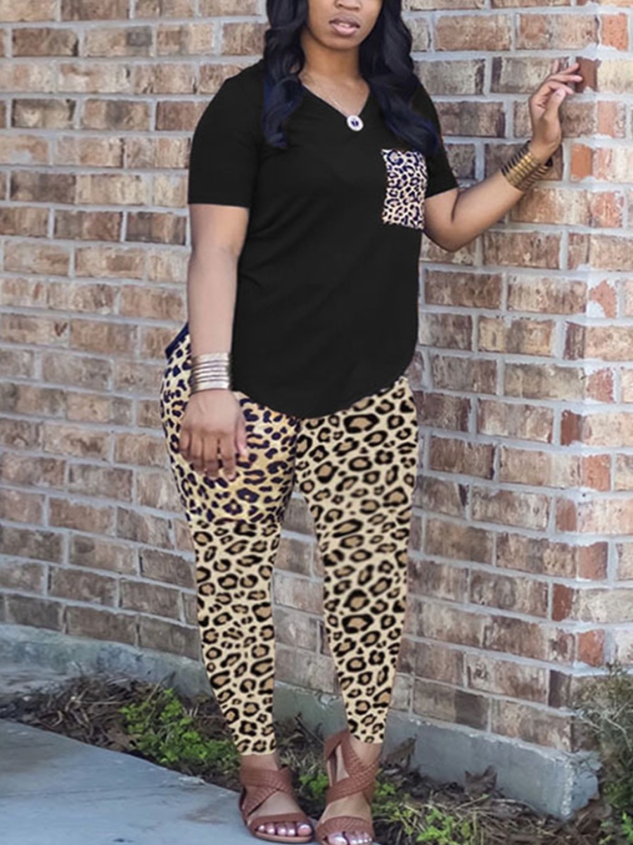 

Lovely Plus Size Street V Neck Leopard Print Black Two-piece Pants Set