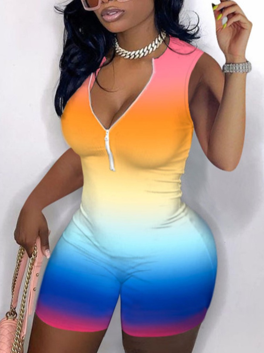 

Lovely Plus Size Street V Neck Gradient Multicolor One-piece Romper, Multi