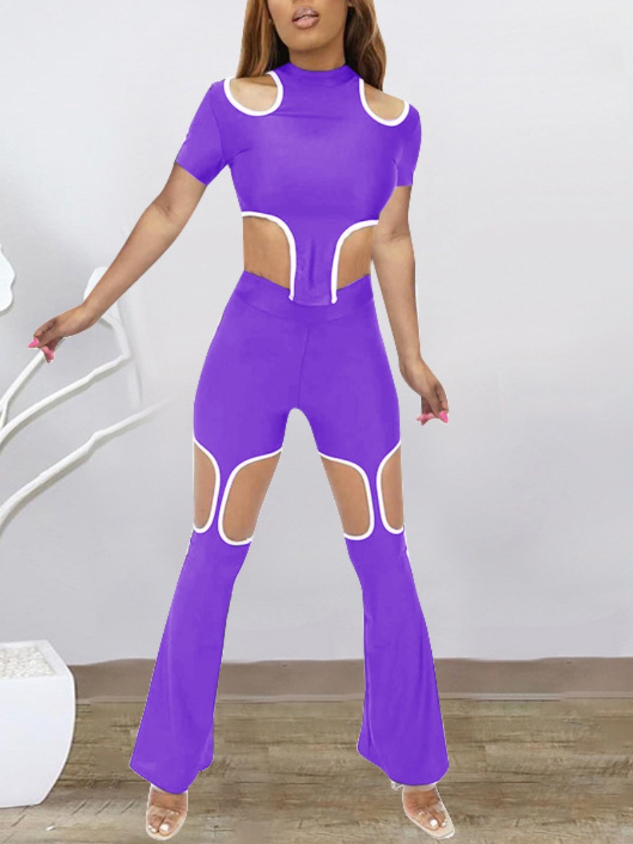 

LW Street O Neck Hollow-out Purple Two Piece Pants Set