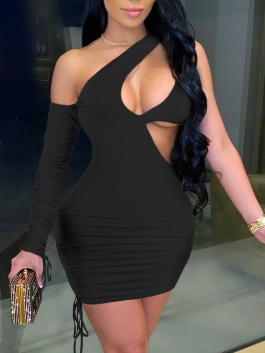 

Lovely Sexy One Shoulder Hollow-out Drawstring Black Mini Dress