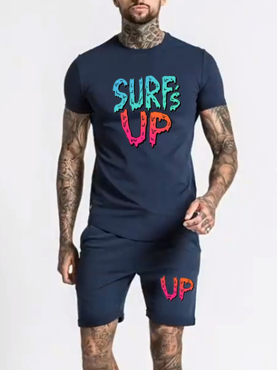 

Lovely Men Casual O Neck Letter Print Deep Blue Two Piece Shorts Set
