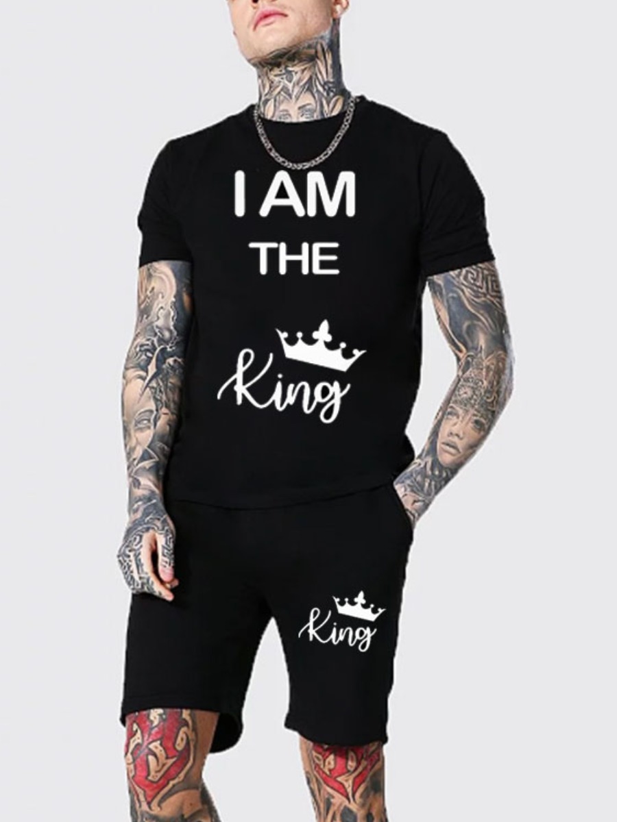 

LW Men Casual Crown Letter Print Black Two Piece Shorts Set