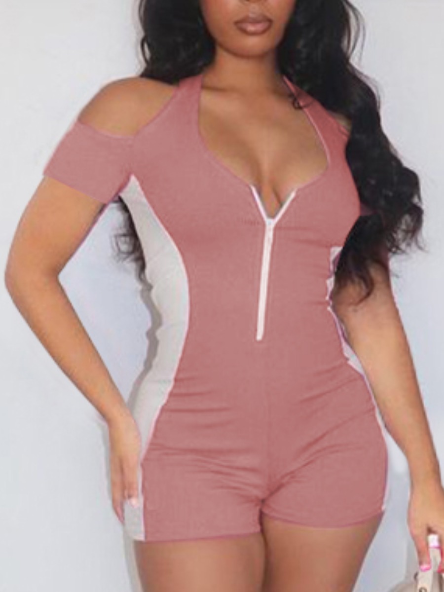

LW Sporty Color-lump Hollow-out Pink One-piece Romper