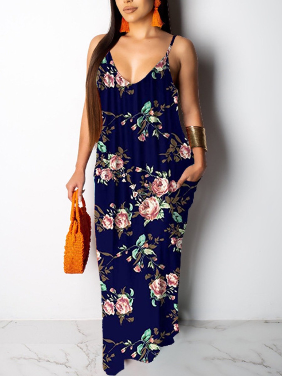 

Lovely Boho Floral Print Pocket Design Dark Blue Floor Length Dress