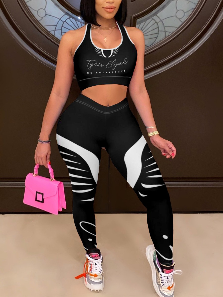 

Lovely Sporty U Neck Letter Print Black Two Piece Pants Set