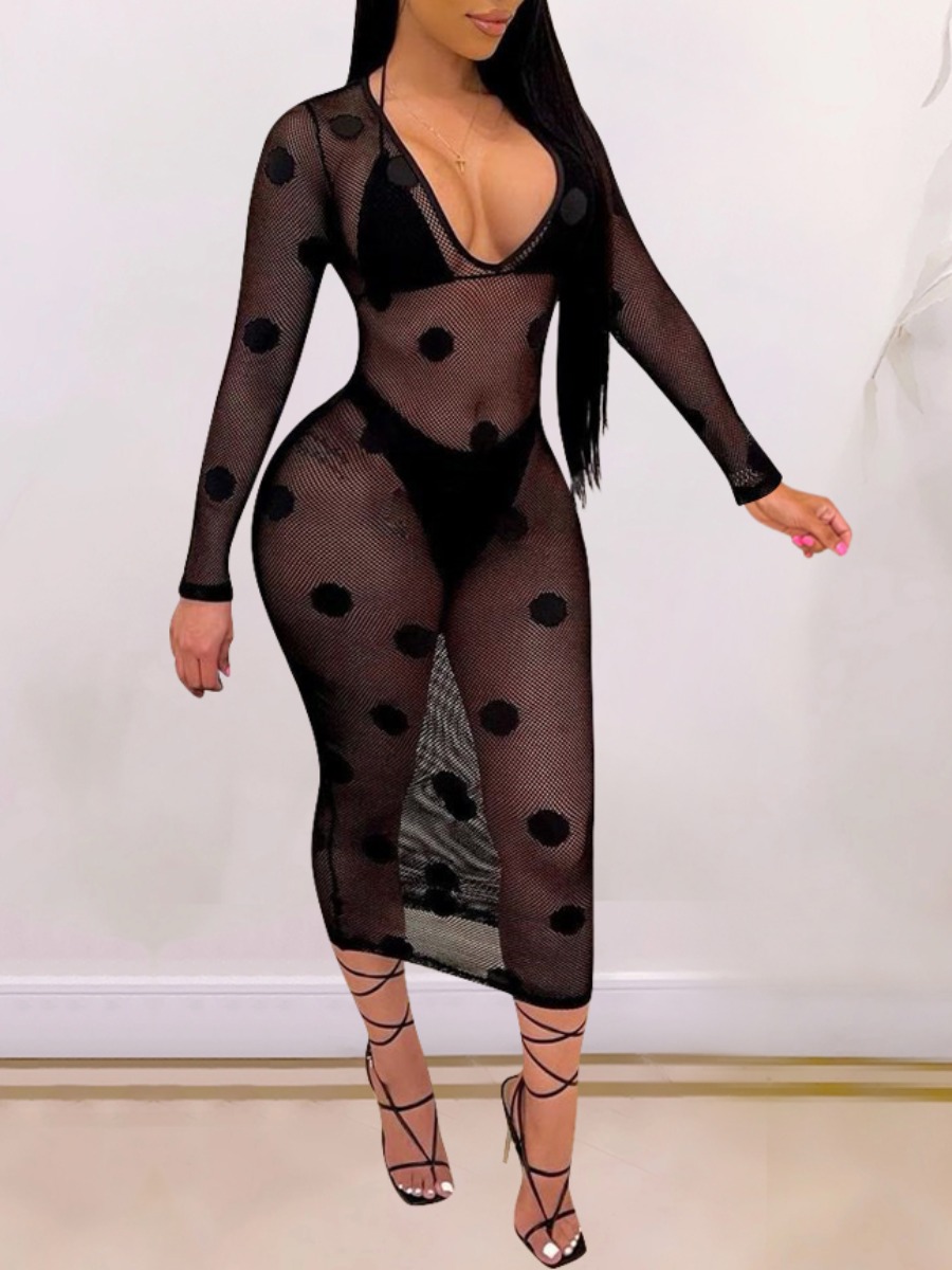

Lovely Boho Dot See-through Black Three-piece Swimsuit
