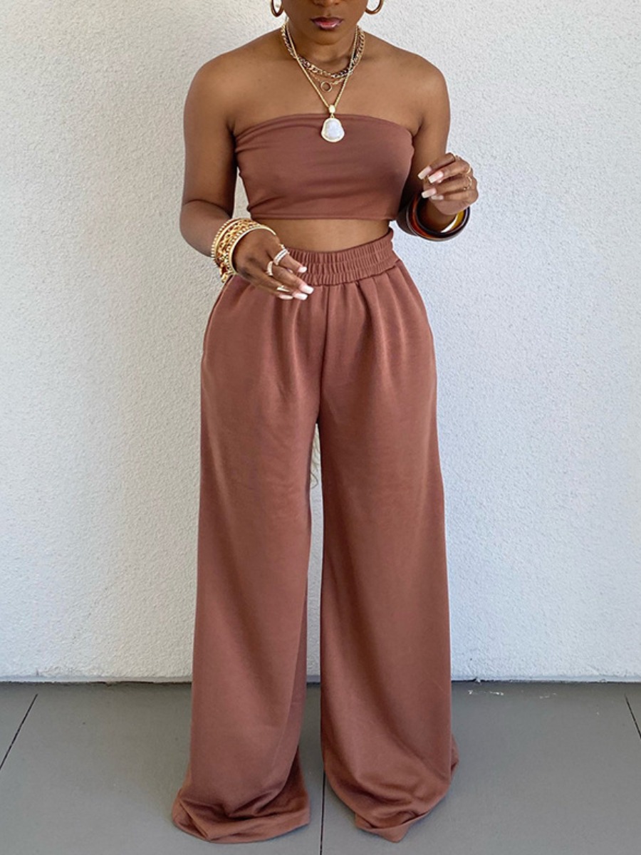 

Lovely Casual Off The Shoulder Loose Brown Two Piece Pants Set