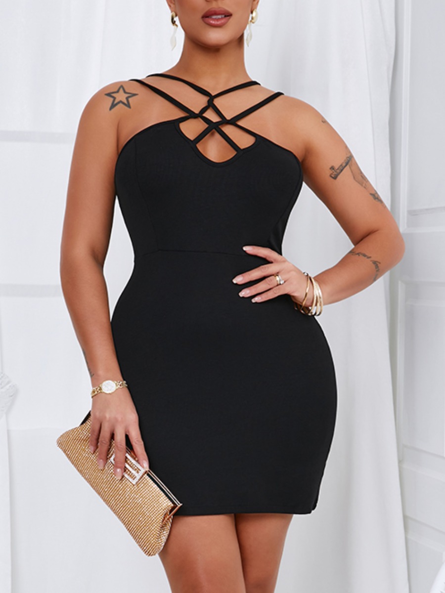 

Lovely Sexy Cross Strap Skinny Black Mini Dress