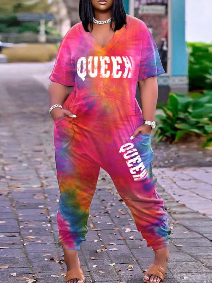 

Lovely Plus Size Casual Letter Print Tie-dye Red One-piece Jumpsuit