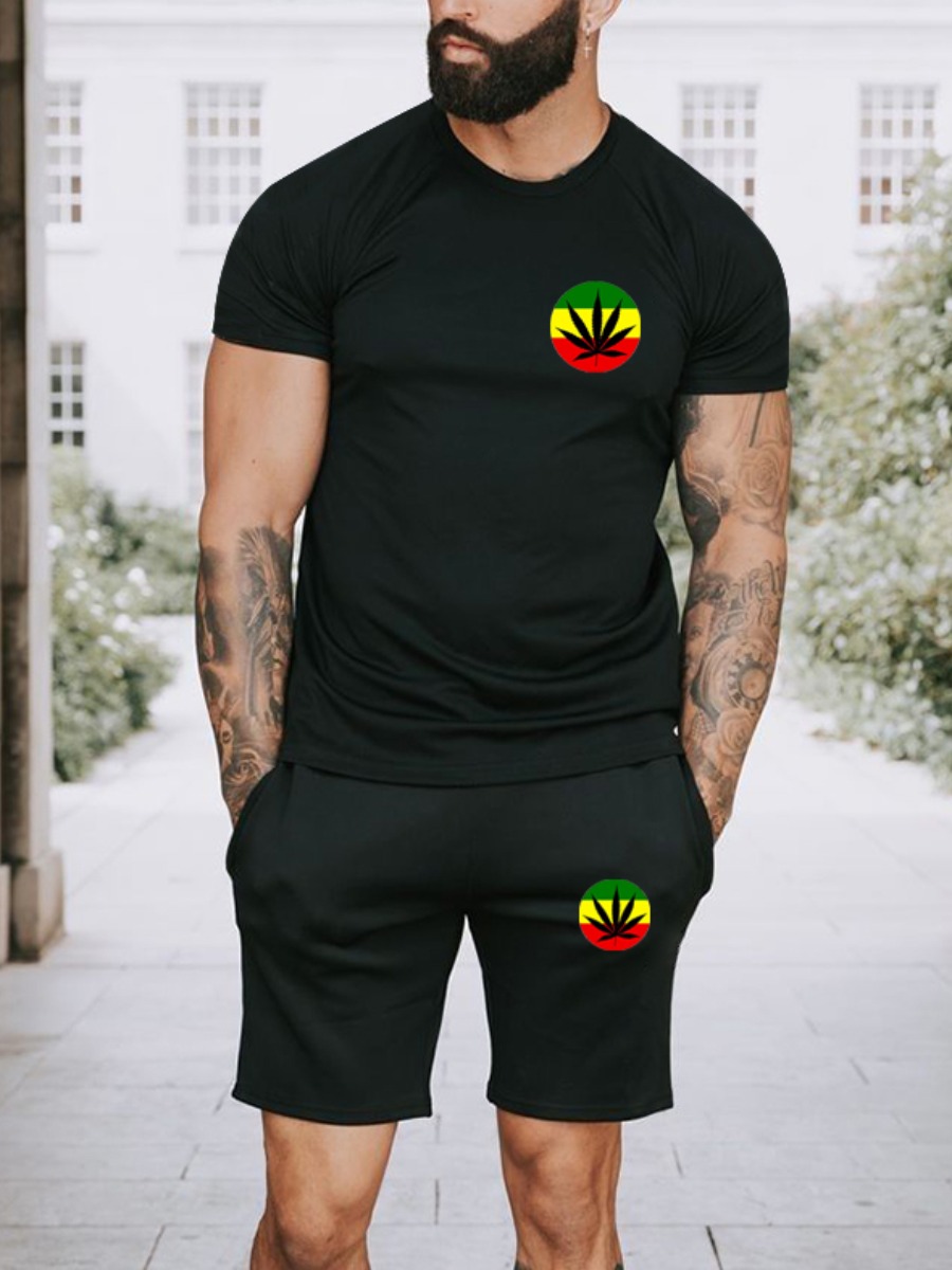 

Lovely Men Casual O Neck Print Drawstring Black Two Piece Shorts Set