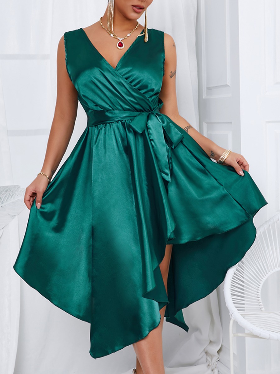 

Lovely Elegant V Neck Bandage Design Black Green Mid Calf Asymmetrical Dress