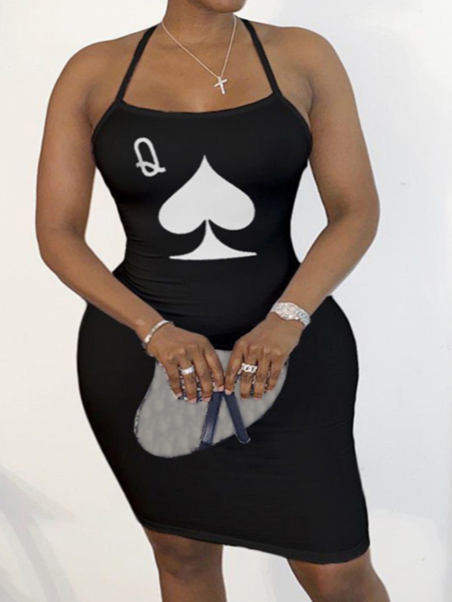 

Lovely Plus Size Street Backless Letter Print Black Knee Length Dress