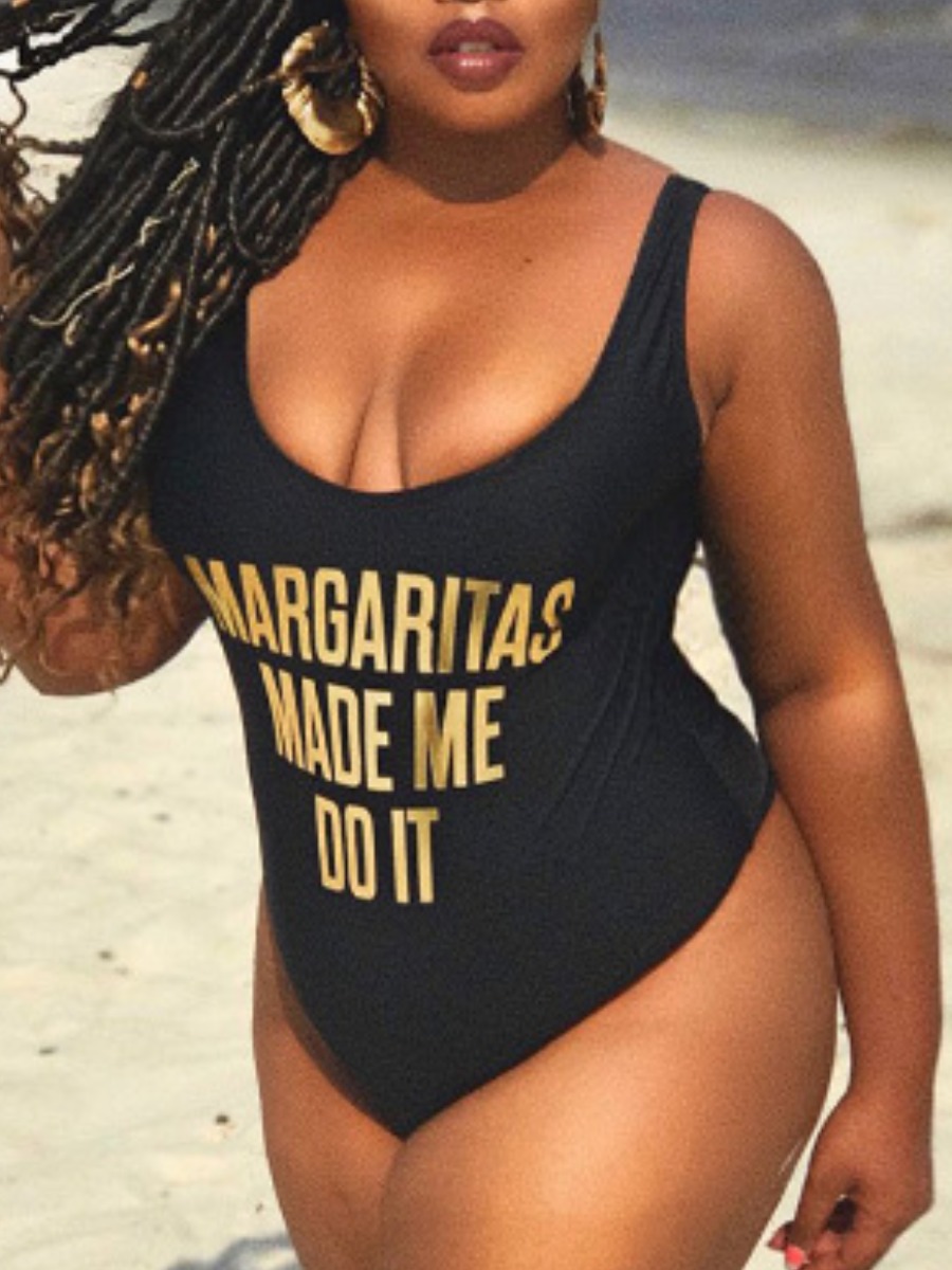 

Lovely Boho U Neck Letter Print Black One-piece Swimsuit