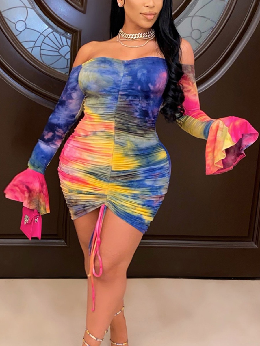 

Lovely Plus Size Sexy Tie-dye Flared Drawstring Multicolor Mini Dress, Multi