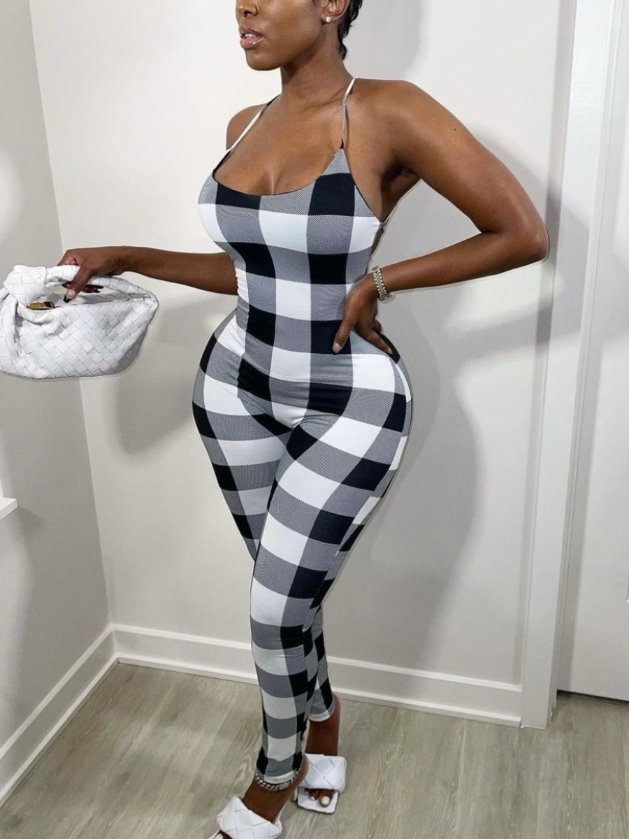 

Lovely Sexy Plaid Print Backless Black One-piece Jumpsuit