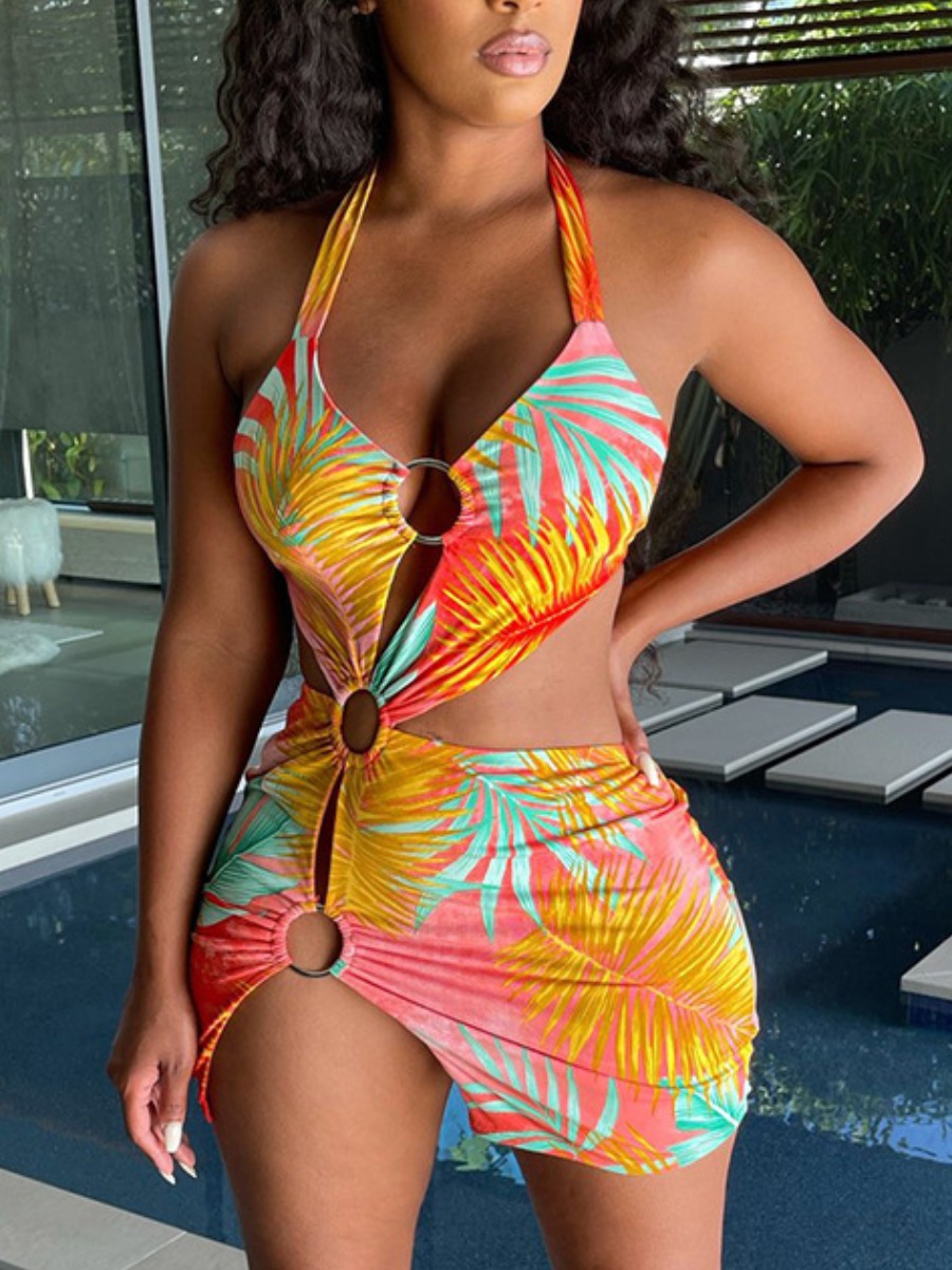 

LW SXY Plus Size Hollow-out Metal Ring Decoration Yellow Mini Dress