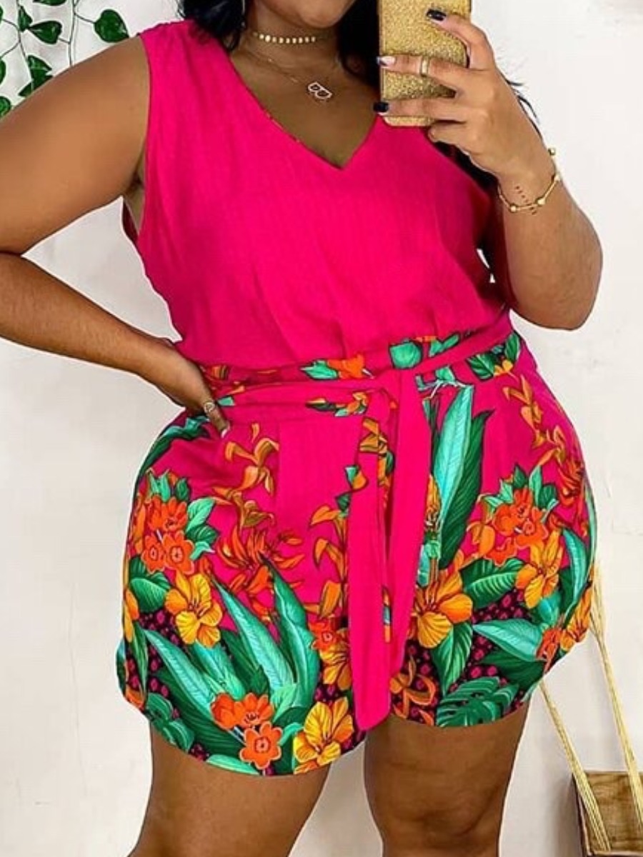 

Lovely Plus Size Casual V Neck Floral Print Rose Red One-piece Romper