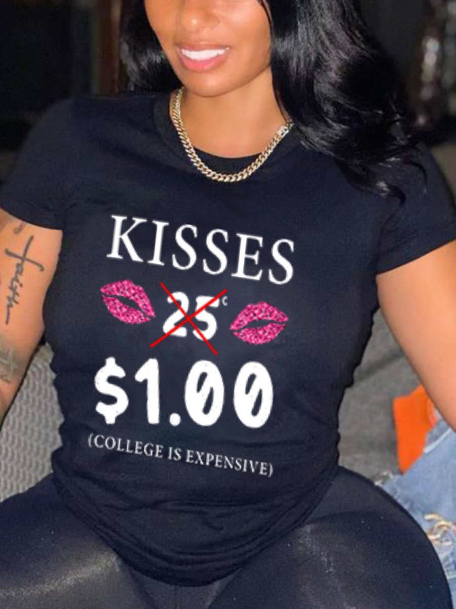 

Lovely Street Lip Letter Print Black T-shirt