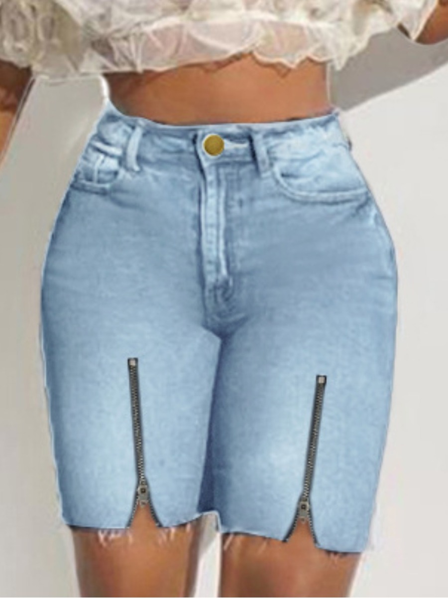 

Lovely Plus Size Casual Raw Edge Zipper Design Baby Blue Denim Shorts