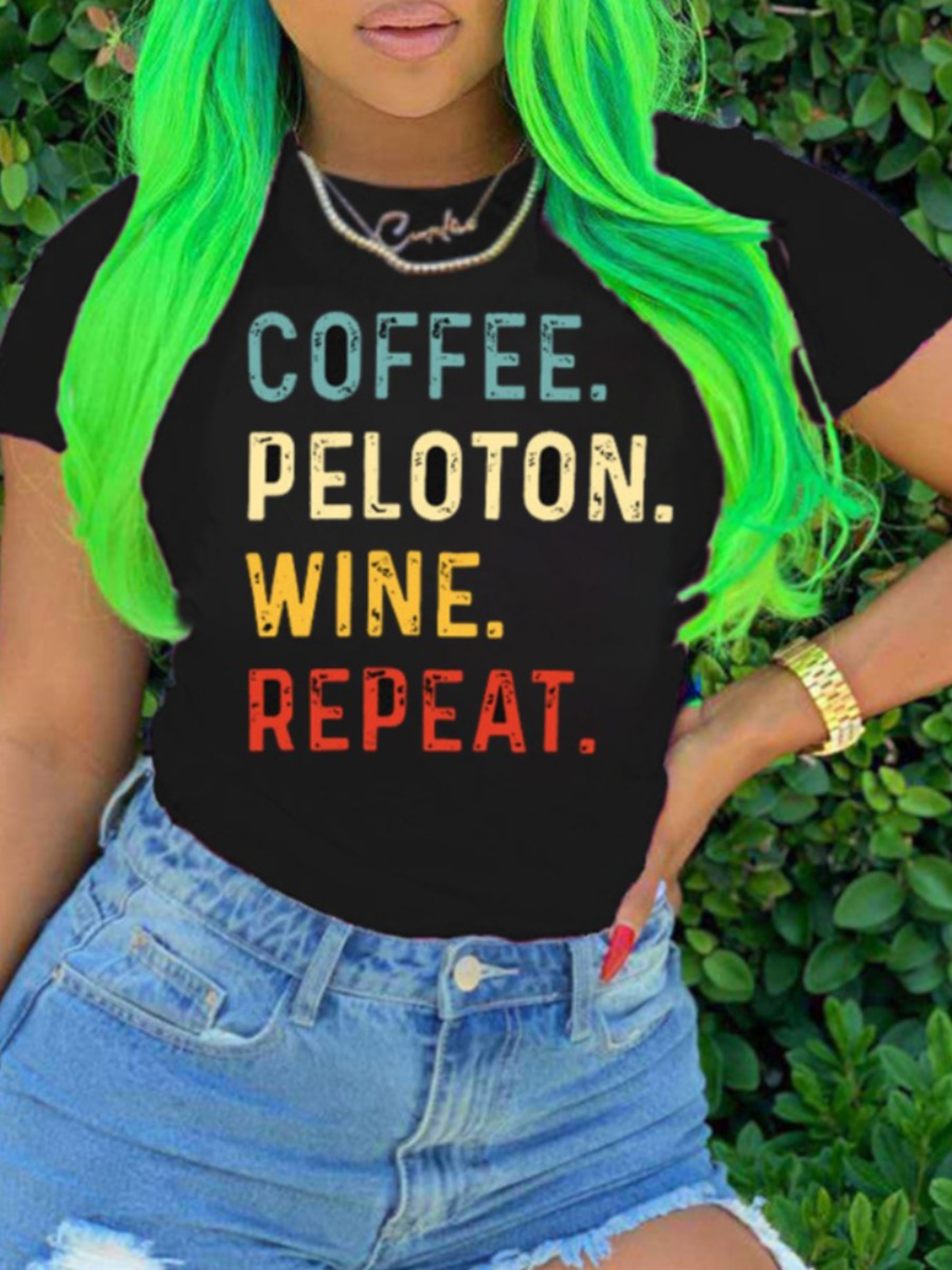 

Lovely Plus Size Casual O Neck Letter Print Black T-shirt