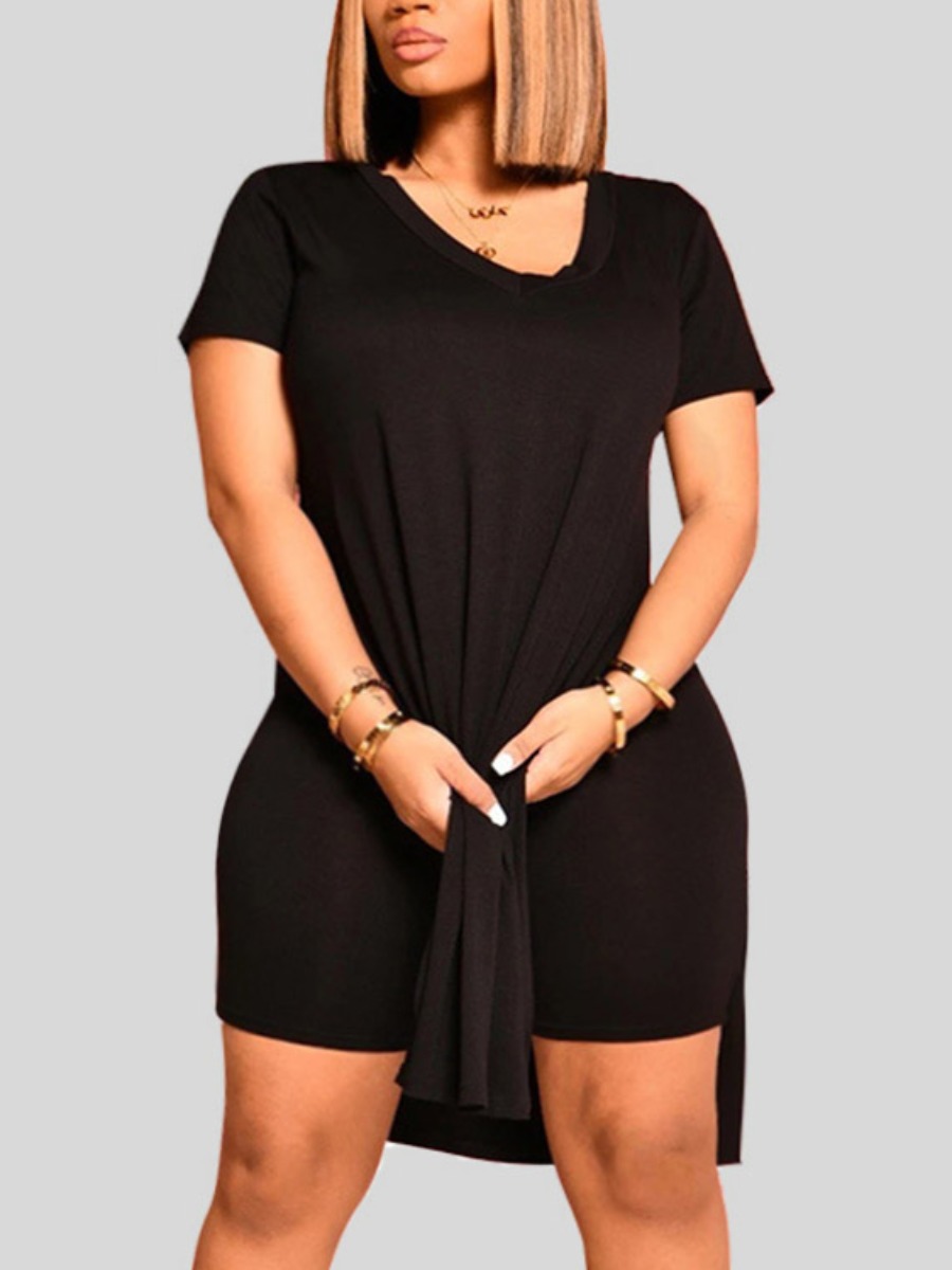 

LW Plus Size Casual O Neck Split Carbon Black Two-piece Shorts Set