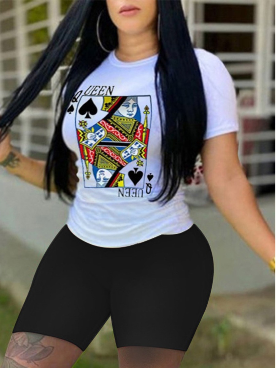 

LW Plus Size Casual Poker Letter Print Black Two-piece Shorts Set